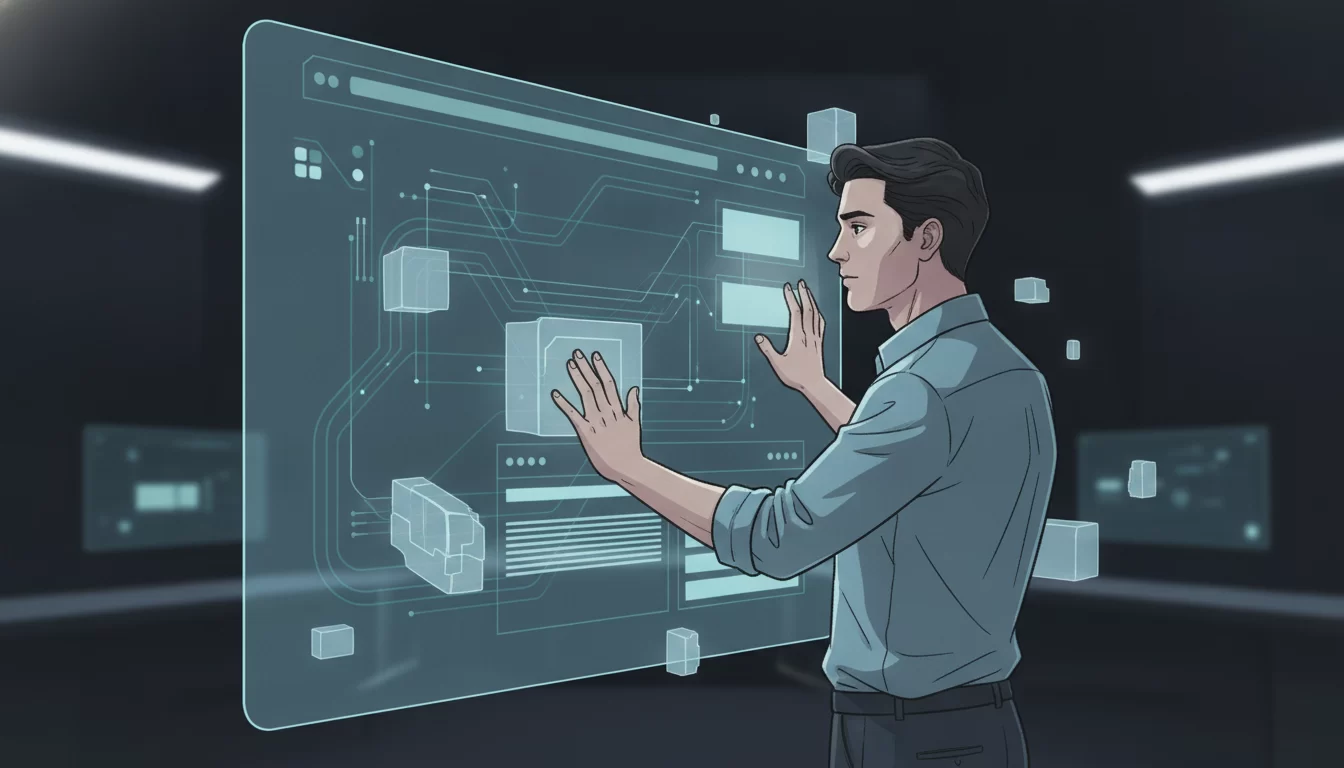 quanto custa criar um site profissional, Um arquiteto digital focado interage com uma tela transparente que exibe a estrutura modular de um site, com blocos luminosos representando funcionalidades flutuando ao redor, em um estúdio de design escuro.