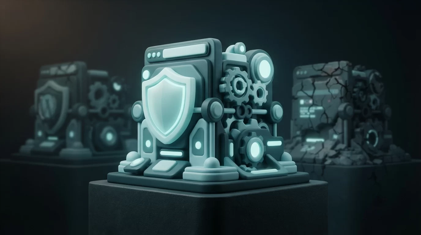 manutenção wordpress mensal, Uma ilustração 3D escura de um website abstrato robusto em tons de azul e ciano sendo protegido por elementos de manutenção, com uma versão danificada ao fundo.