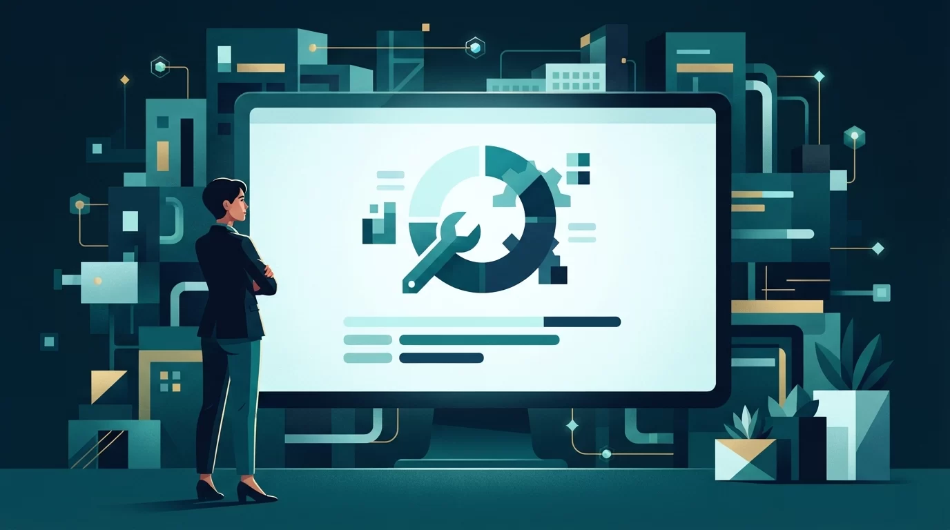 como colocar site em manutenção wordpress, Ilustração editorial vetorial de uma pessoa supervisionando uma página de 'site em manutenção' em um monitor, com elementos de um site sendo atualizados ao fundo, em tons de azul e verde.