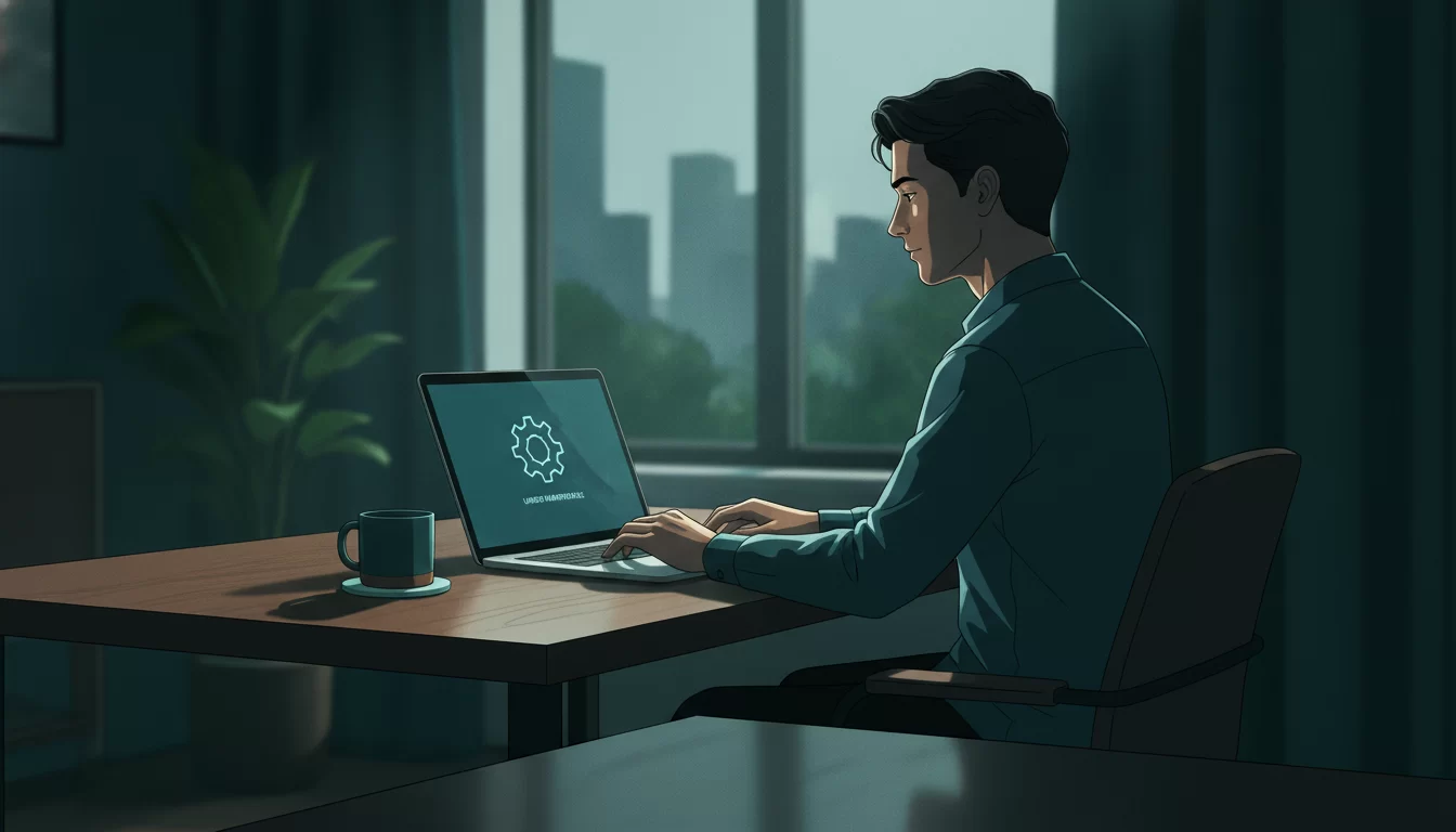 como ativar modo manutenção wordpress, Uma pessoa sentada em uma mesa de trabalho limpa, olhando atentamente para a tela de um notebook que exibe um ícone de engrenagem, simbolizando um site em modo de manutenção. A cena é iluminada por uma luz suave de janela.