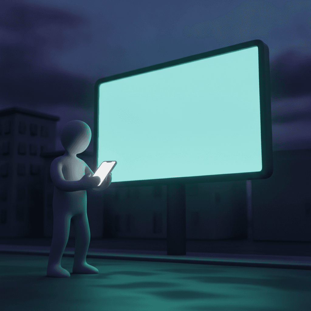 Uma pessoa em uma rua escura e vazia olhando confusa para um outdoor digital luminoso e em branco, enquanto segura um smartphone com a tela lisa mostrando uma busca sem resultados.