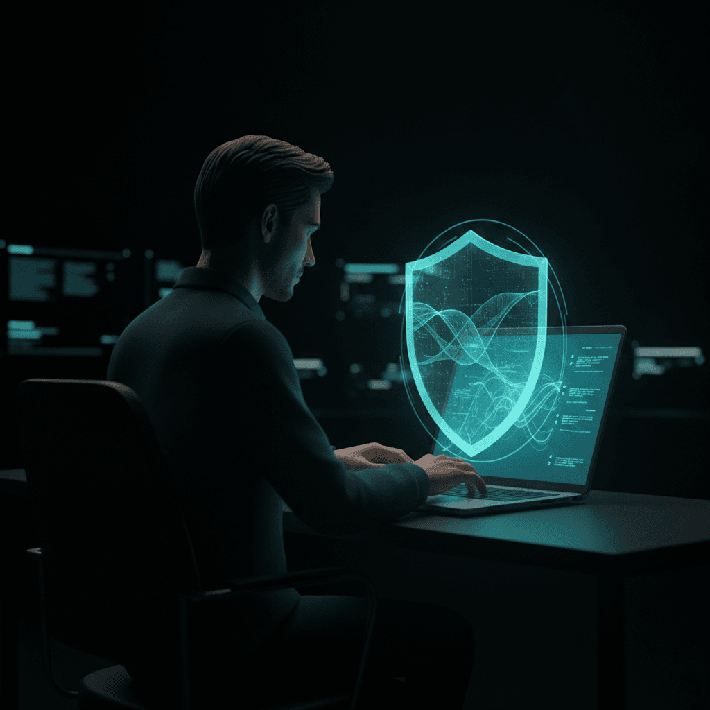 Um profissional de TI concentrado trabalhando em um laptop, com um escudo holográfico protegendo a tela, em um ambiente de controle digital escuro.