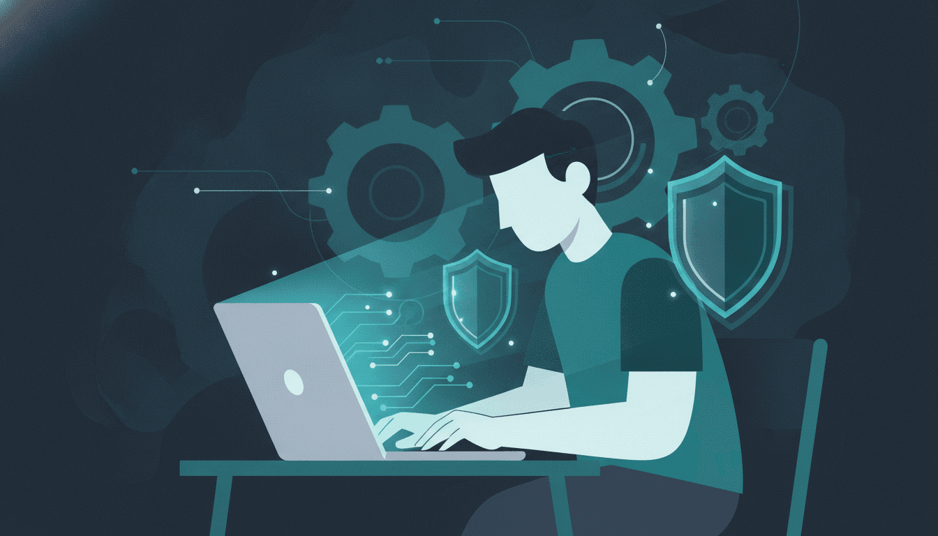 manutenção WordPress, Uma pessoa concentrada trabalhando em um laptop, com escudos de proteção brilhantes e engrenagens luminosas ao redor, simbolizando a manutenção e segurança de um site.