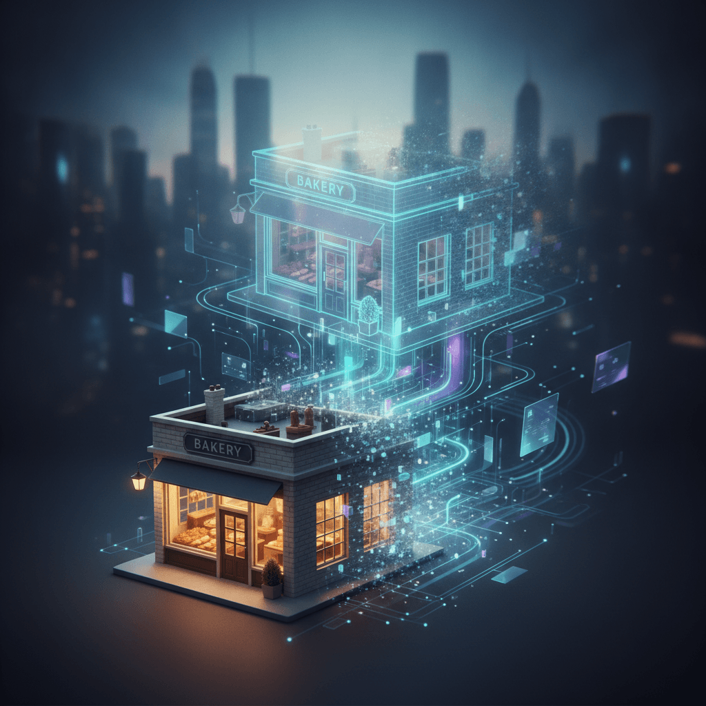 Uma cena editorial que mostra uma pequena loja física se transformando e se expandindo em uma estrutura digital translúcida e luminosa, com trilhas de luz e dados conectando-a a um horizonte urbano no fundo.