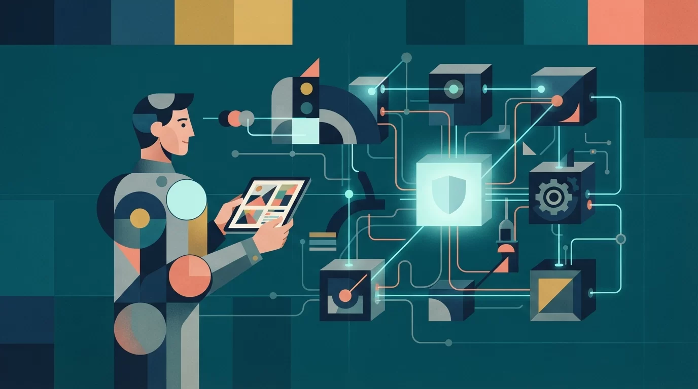 quanto custa a manutenção mensal de um site, Uma ilustração geométrica de uma pessoa inspecionando uma rede de blocos digitais interconectados em tons de azul e ciano, com símbolos de segurança e engrenagens, sobre um fundo escuro.