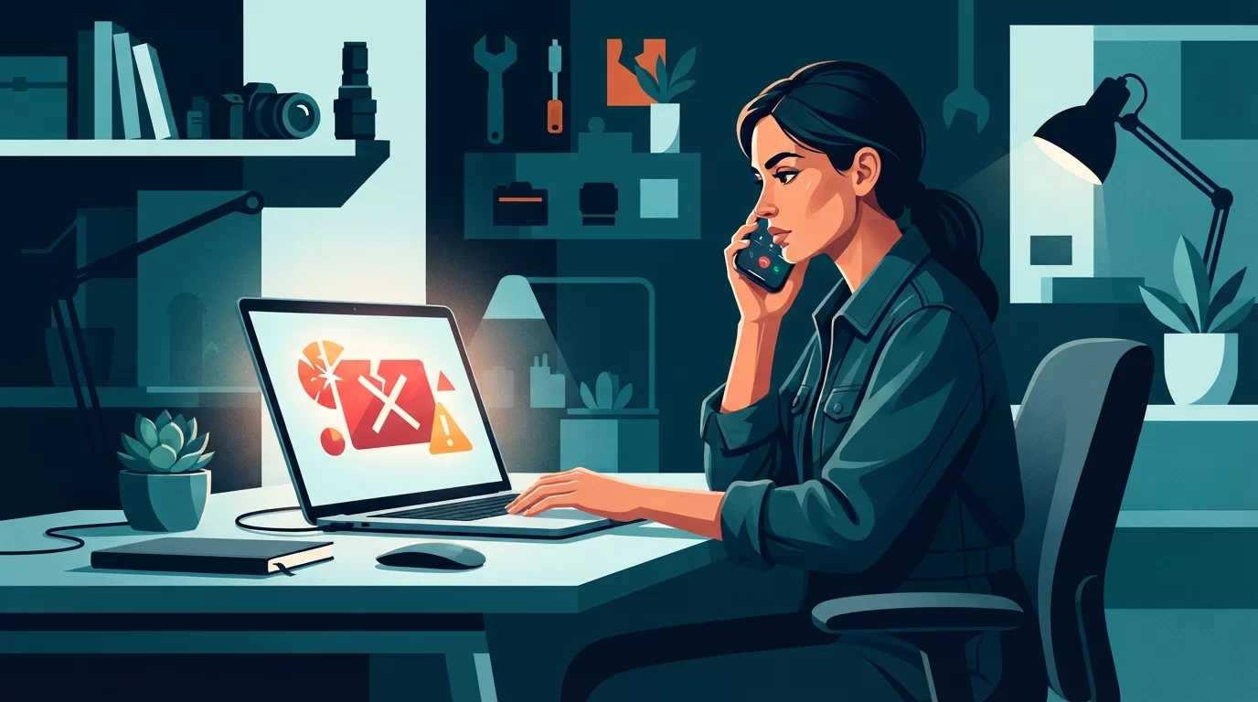 fora do ar site, Ilustração vetorial editorial de uma mulher empresária em um ambiente escuro, olhando para um laptop com um ícone de site fora do ar, enquanto segura um smartphone para ligar para o suporte.