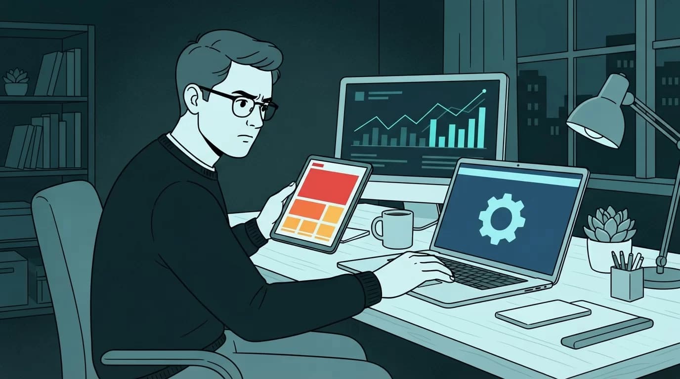 sites fora do ar, Um empreendedor em uma ilustração de arte de linha editorial, reagindo a um alerta de site fora do ar em um tablet, enquanto digita em um laptop. A cena é escura, com tons de azul e ciano.