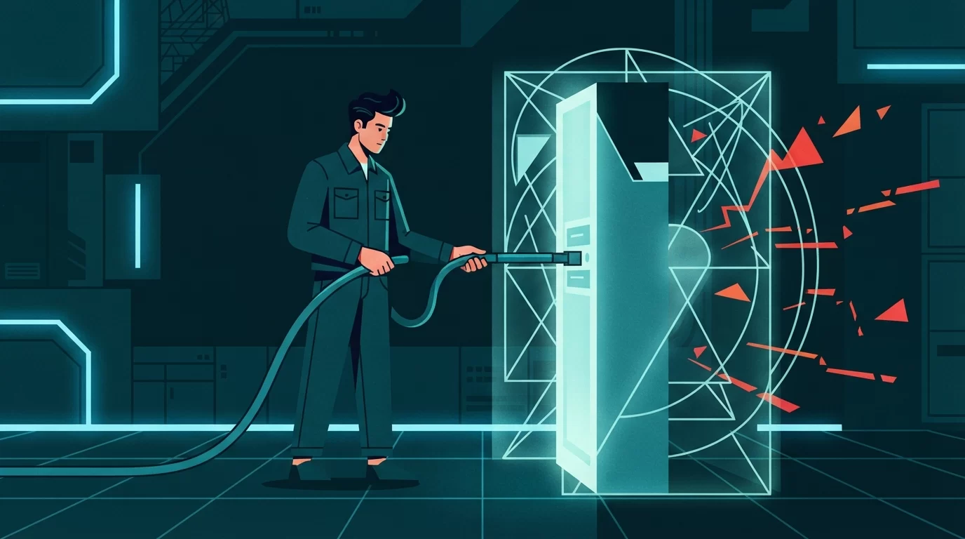 manutenção de sites, Ilustração geométrica editorial de uma pessoa conectando um cabo de manutenção em um servidor que representa um site seguro, com ameaças digitais sendo desviadas.