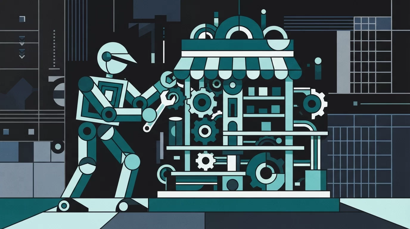 manutenção de site, Ilustração geométrica de um programador em deep teal e pale cyan inspecionando e ajustando engrenagens de uma estrutura de site, simbolizando manutenção e segurança.