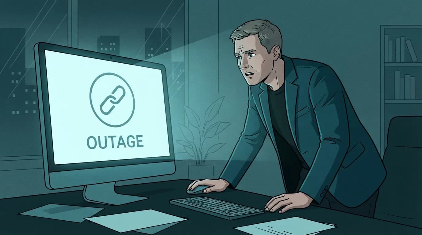 site fora, Ilustração de um empreendedor em um escritório escuro, com o rosto iluminado por um monitor de computador que exibe uma tela de erro, simbolizando um site fora do ar e a perda de vendas.