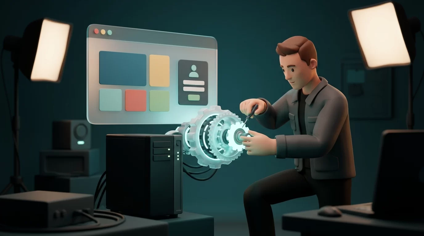 manutenção site, Ilustração 3D em estilo editorial mostrando um profissional ajustando engrenagens luminosas em um servidor e uma interface web em tom azul escuro e ciano.