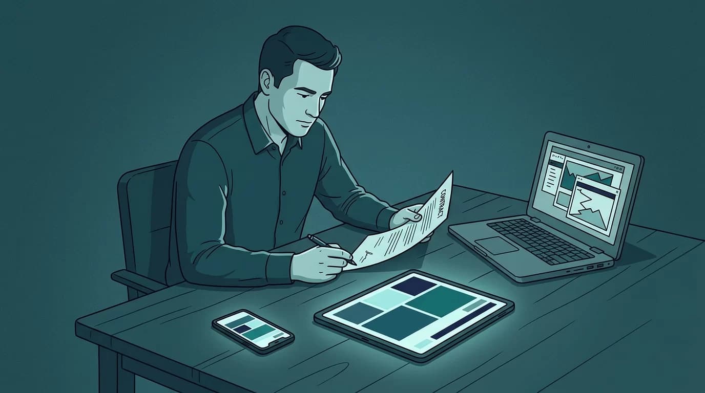 empresa que cria site, Ilustração editorial de um empresário analisando propostas e telas de sites responsivos em um ambiente escuro com tons de verde-azulado.