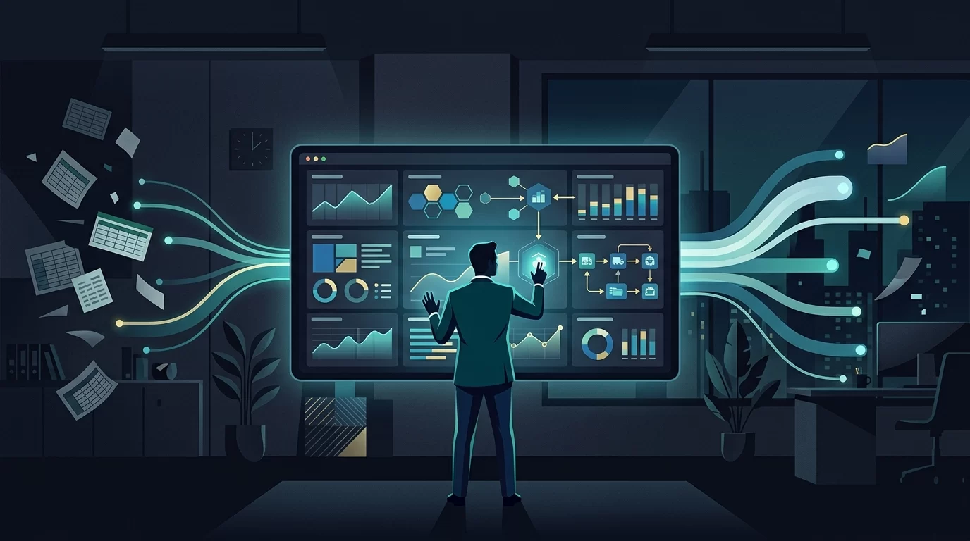 erp's o que é, Ilustração editorial em estilo vetor flat mostrando um gestor observando um painel central que conecta dados financeiros e operacionais em tons de azul e ciano.