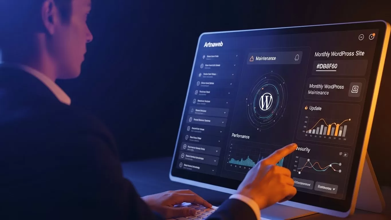 Técnico analisando site WordPress durante manutenção mensal