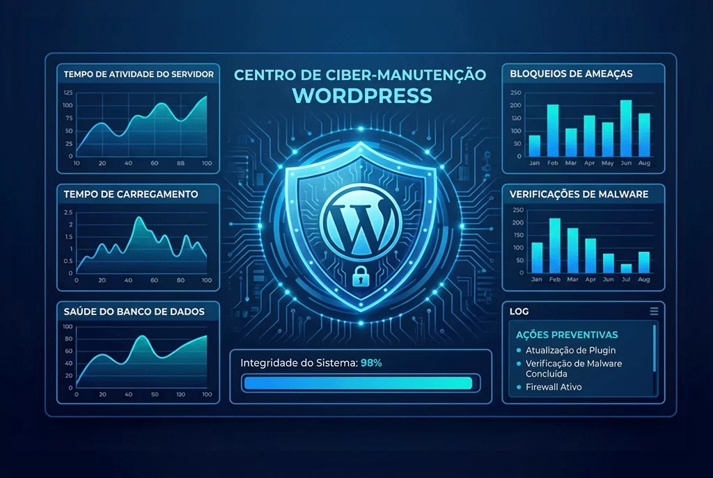 Ilustração representando manutenção preventiva em sites WordPress com elementos de segurança e performance