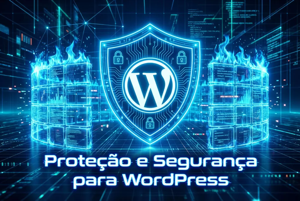 Ilustração mostrando escudo protegendo WordPress contra ataques
