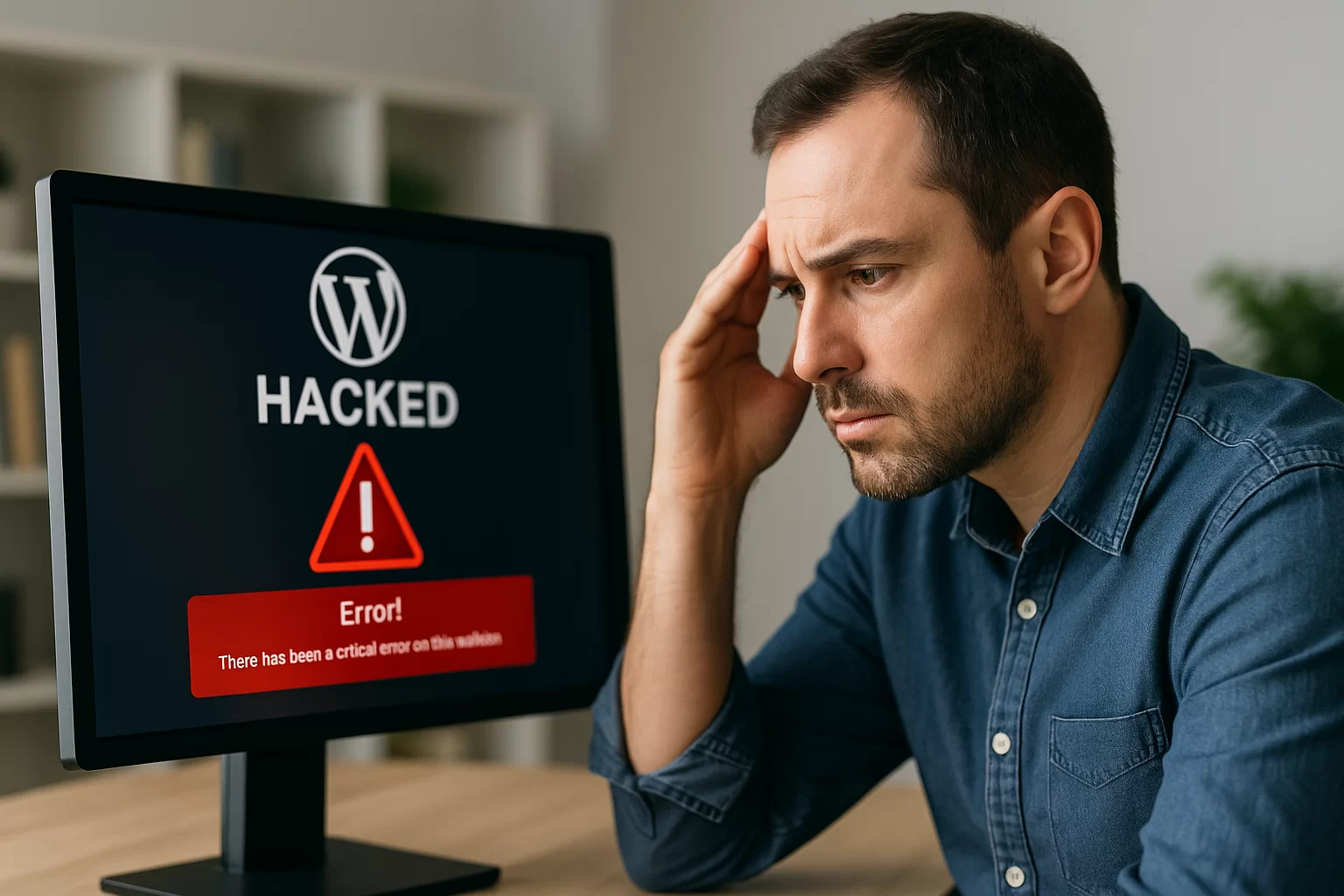 Homem preocupado olhando alerta de site WordPress hackeado na tela do computador